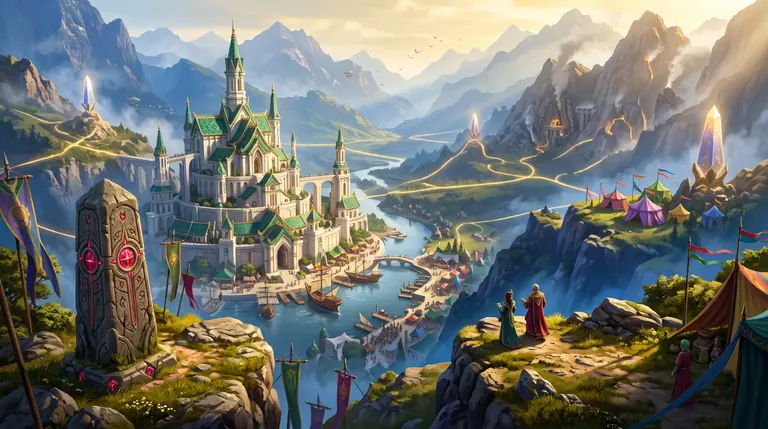 Fehér dolomitsziklákra épült fantasy főváros kobaltkék és arany kupolákkal, napfényben forgó csillagászati gyűrűkkel, valamint a többlépcsős kőhídon átkelő kereskedőkaravánokkal és követekkel.